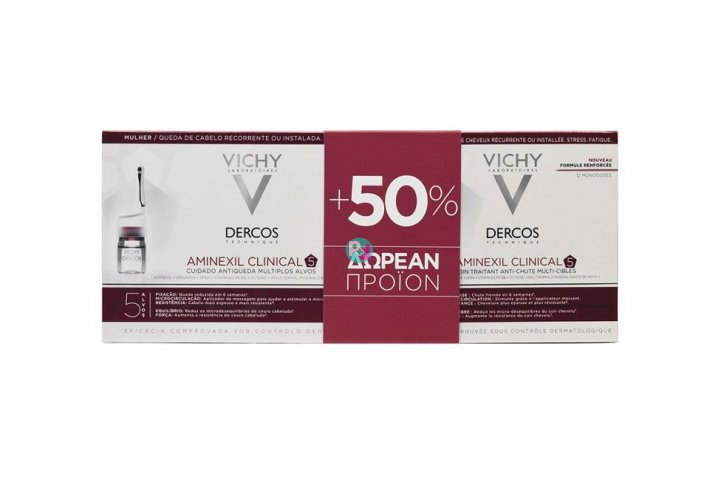  Vichy Dercos Aminexil Clinical 5 Ampoules for Women Hair Loss 21x6ml + Gift 12x6ml