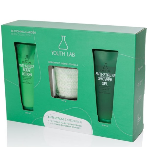 Youth Lab. Blooming Garden Anti-Stress Experience Body Collection Αφρόλουτρο 200ml + Anti-Stress Experience Κρέμα Σώματος 200ml & Candle Perfume Αρωματικό Κερί Χώρου