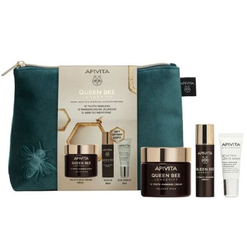 Apivita Queen Bee Longevity Velvety Rich Cream Πλούσια Βελούδινη Κρέμα Για Δράση Σε 12 Δείκτες Νεότητας 50ml & Δώρο Queen Bee Longevity Serum Ορός Προσωπου 10ml & 5 Action Eye Serum Ορό Ματιών5ml & Νεσεσέρ