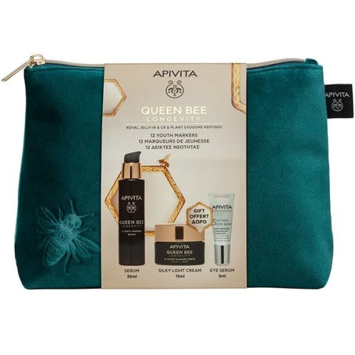 Apivita Queen Bee Longevity Serum Ορός Προσώπου Για Δράση Σε 12 Δείκτες Νεότητας 30ml & Δώρο Queen Bee Longevity Silky Light Cream Ελαφριά Μεταξένια Κρέμα 15ml & 5 Action Eye Serum Ορός Ματιών 5ml & Νεσεσέρ