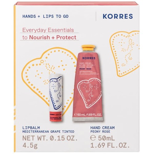 Korres Hands + Lips To Go Peony Rose Hand Cream Κρέμα Χεριών 50ml & Grape Tinted Lip Βalm Bάλσαμο Χειλιών 4.5g