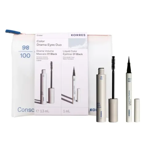 Korres Color Drama Eyes Duo Drama Volume Mascara Μάσκαρα για Έντονο Μήκος & Όγκο 01 Black 13ml & Liquid Color Eyeliner Μαύρο 1ml & Δώρο Νεσεσέρ
