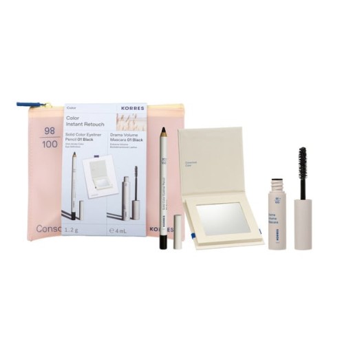 Korres Color Instant Retouch Solid Color Eyeliner Pencil Μολύβι Ματιών - 01 Black 1.2g & Drama Volume Mascara Μάσκαρα 01 Black 4ml & Δώρο Καθρέφτης & Νεσεσέρ