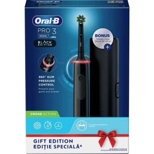 Oral-B PRO 3500 Black Edition Ηλεκτρική Οδοντόβουρτσα Cross Action + Θήκη Ταξιδιού