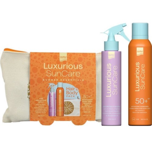 Luxurious Suncare Hair and Body Pack, Hair Protection Spray 200ml. & Antioxidant Sunscreen Invisible Spray for Face and Body SPF50+, 200ml.