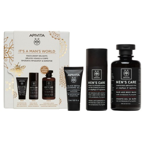 Apivita It's A Man's World Gift Box Black Detox 50ml. + Face Cream 50ml. + Hair and Body Wash 250ml.