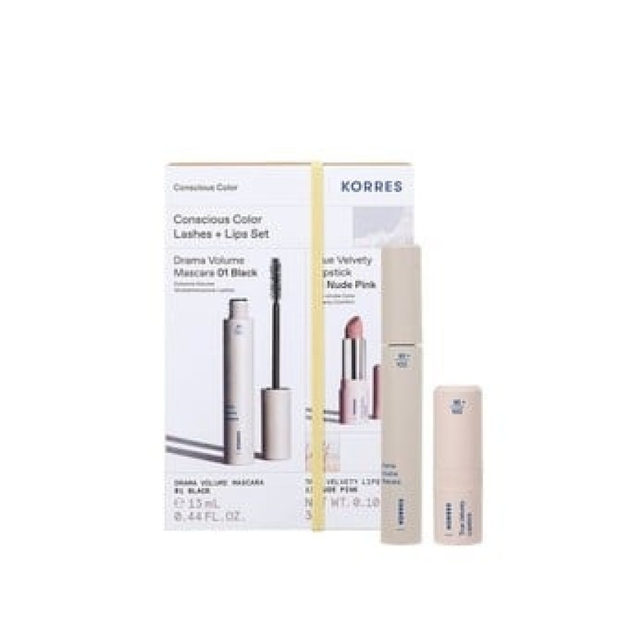 Korres Conscious Color Lashes and Lips Set Promo Drama Volume Mascara 01 Black 13ml. + True Velvet 13 Nude Pink Lipstick 3gr.
