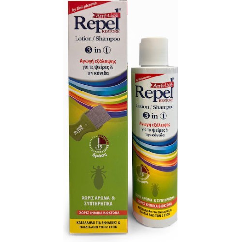 Uni-Pharma Repel Anti-lice Restore Lotion/Shampoo Αγωγή Εξάλειψης για Ψείρες & Κόνιδες 200gr